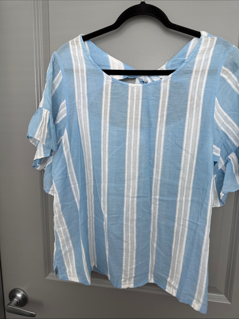 bp Sky Blue & White Vertical Stripe Ruffle Sleeve Top